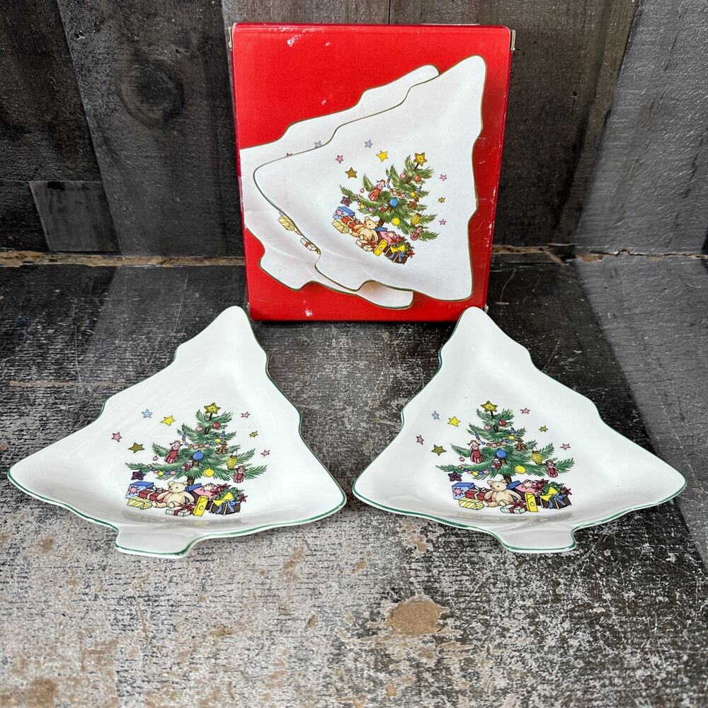Nikko Christmas Time 6" Candy Dishes Christmas Tree Shape‎ Set of 2 VTG